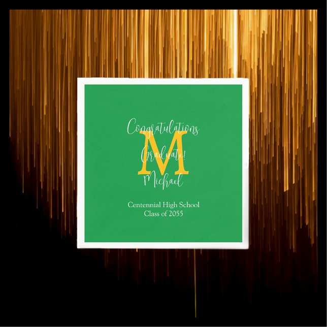 Green Gold and White Graduation Name Monogram  Napkin (Creator Uploaded)