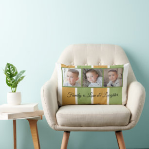 Green gold and white photo collage family striped lumbar cushion