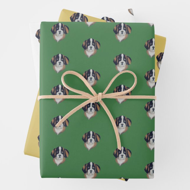 Green, Gold, and White Saint Bernard Illustration Wrapping Paper Sheet (In situ)