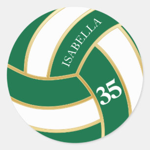 Green, Gold and White Volleyball- Personalise Classic Round Sticker