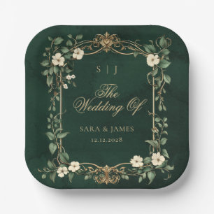 Green Gold Art Nouveau Enchanted Wedding Paper Plate