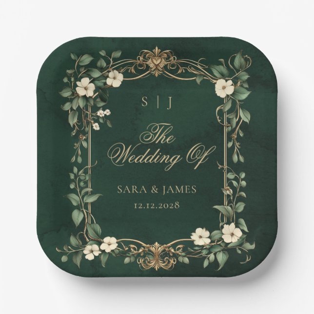 Green Gold Art Nouveau Enchanted Wedding Paper Plate (Front)