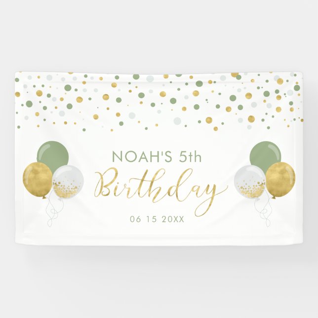 Green & Gold Balloon 5th Kids Birthday Banner (Horizontal)