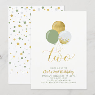 Green & Gold Balloons Boy 2nd Birthday Party Invitation
