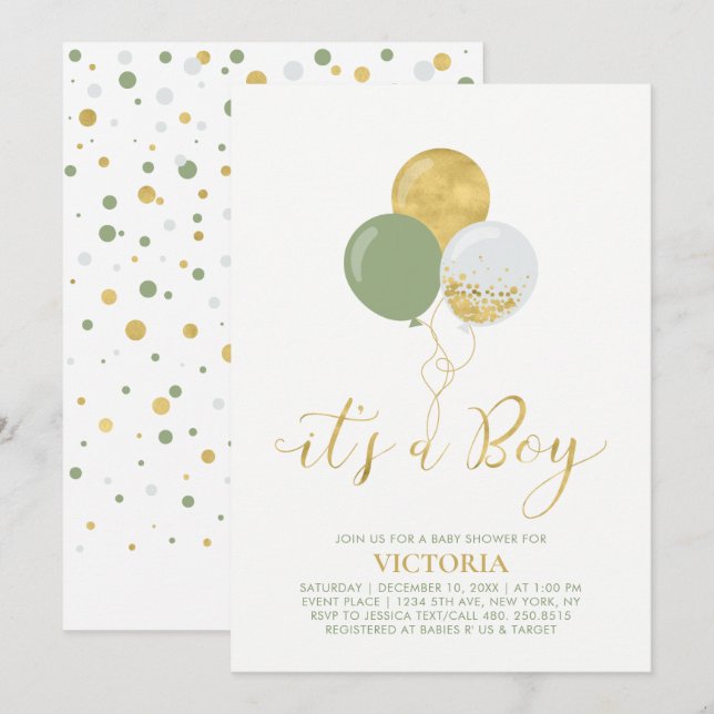 Green & Gold Balloons | Oh Baby Boy Baby Shower Invitation (Front/Back)
