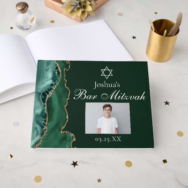 Green Gold Bar Mitzvah Party Photo Custom Guest Book (Front Open)
