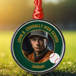 Green Gold Baseball Player Photo Christmas Metal Tree Decoration