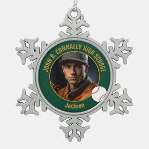 Green Gold Baseball Player Photo High School Snowflake Pewter Christmas Ornament