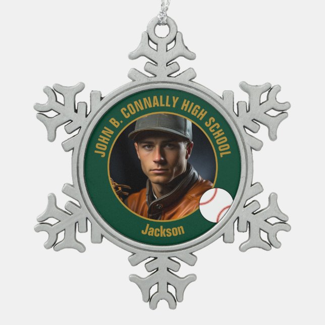 Green Gold Baseball Player Photo High School Snowflake Pewter Christmas Ornament (Front)
