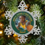 Green Gold Basketball Player Photo Snowflake Pewter Christmas Ornament<br><div class="desc">This cool customized high school basketball player photo gift features gold typography of your team and player name on a green snowflake shaped Christmas ornament with a ball. Personalize with your student's photograph and class year as a proud sports parent.</div>