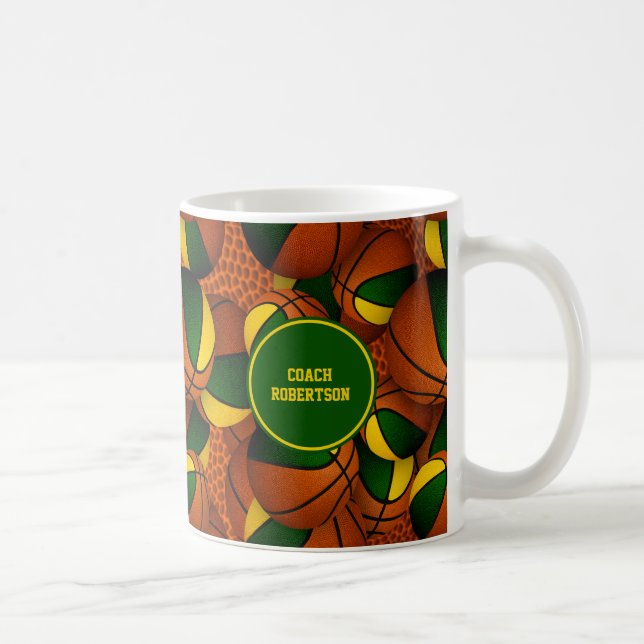 green gold basketball team colours coach name coffee mug (Right)