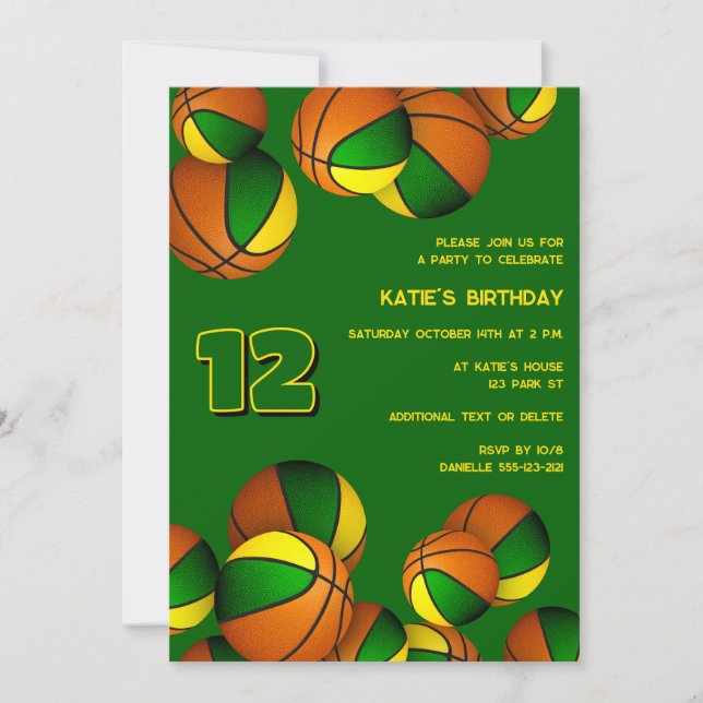 green gold basketballs kids sports birthday invitation (Front)