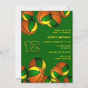 green gold basketballs kids sports birthday invitation