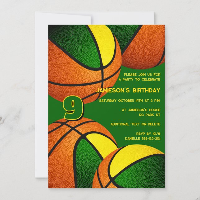 green gold basketballs kids sports birthday invitation (Front)