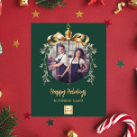 Green gold bauble business photo Christmas card<br><div class="desc">Please note that flyer paper is very thin. Envelopes are not included. For thicker Holiday cards (same design) please visit our store. Celebrate the season with our sophisticated green-background Christmas cards, designed especially for businesses. Personalise with your company’s photo and logo framed within a golden Christmas tree bauble for a...</div>