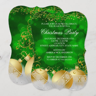Green Gold Baubles White Christmas Holiday Party Invitation