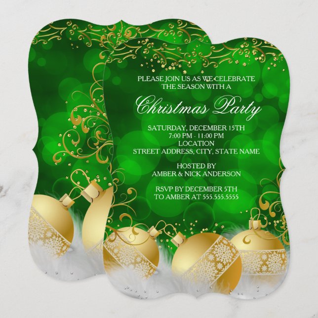 Green Gold Baubles White Christmas Holiday Party Invitation (Front/Back)