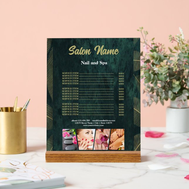 Green Gold Beauty Nail Salon Price List menu Acrylic Sign (Wedding)