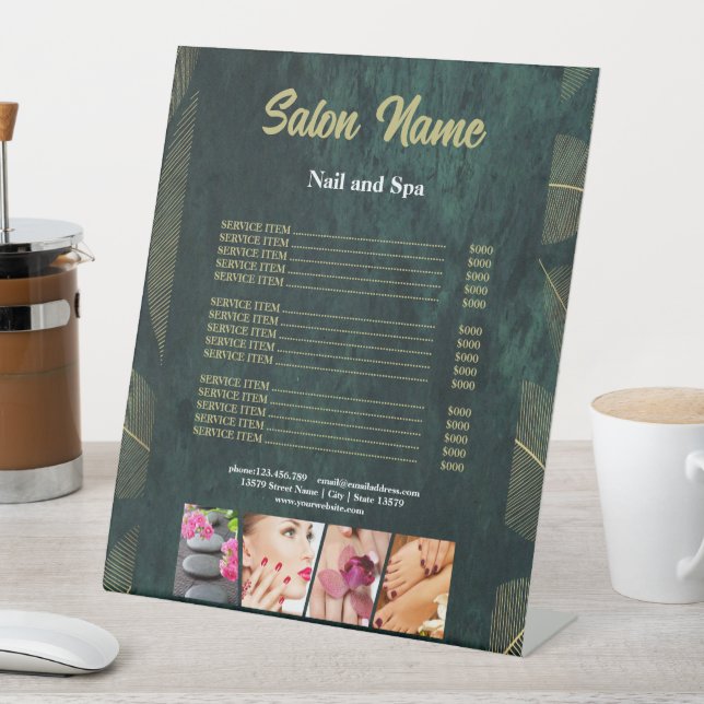 Green Gold Beauty Nail Salon Price List menu Pedestal Sign (In SItu)