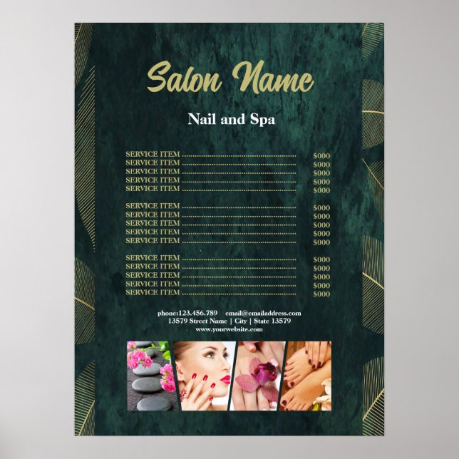 Green Gold Beauty Nail Salon Price List menu Poster (Front)
