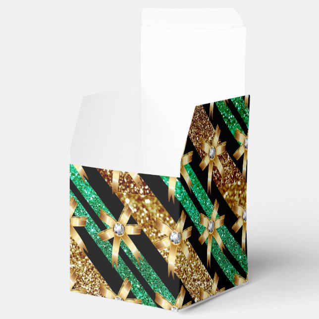 Green Gold & Black Faux Glitter Gold Diamond Bows Favour Box (Opened)