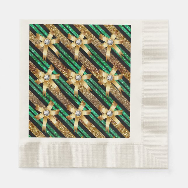 Green Gold & Black Faux Glitter Gold Diamond Bows Napkin (Front)