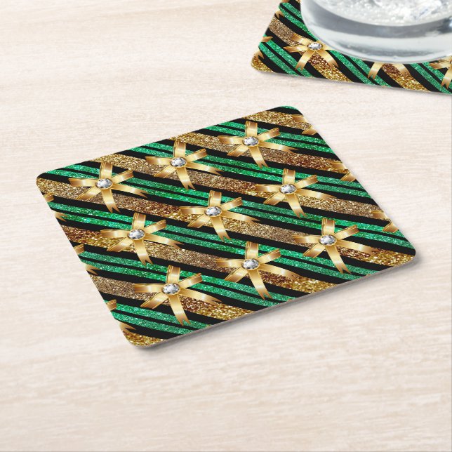 Green Gold & Black Faux Glitter Gold Diamond Bows Square Paper Coaster (Angled)