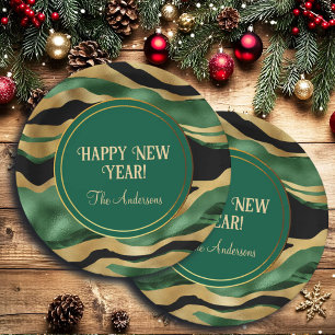 Green Gold Black Glitter Waves Paper Plate
