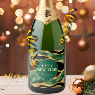 Green Gold Black Glitter Waves Sparkling Wine Label