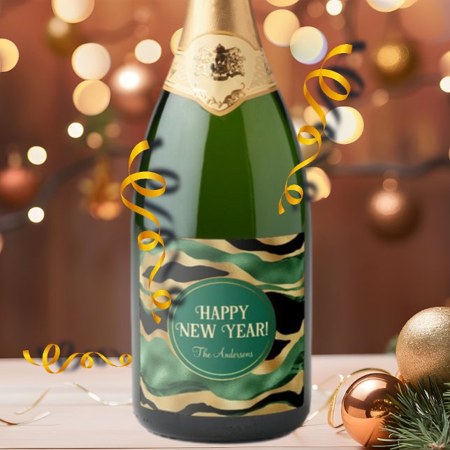 Green Gold Black Glitter Waves Sparkling Wine Label (Creator Uploaded)