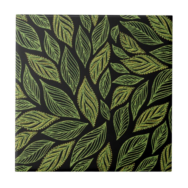 Green Gold Black Leaf Pattern Tile (Front)