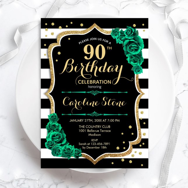 Green Gold Black & White Stripes 90th Birthday Invitation (Creator Uploaded)