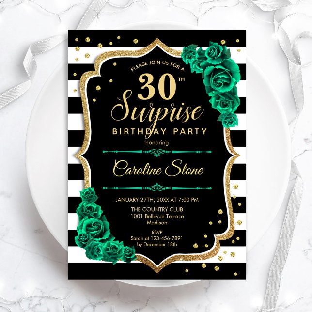 Green Gold Black White Surprise 30th Birthday Invitation (Creator Uploaded)