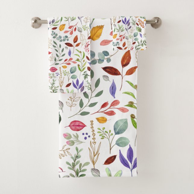 Green Gold Blue Leaves Bath Towel Set (Insitu)