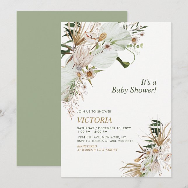 Green & Gold Boho Botanical Baby Shower Brunch Invitation (Front/Back)