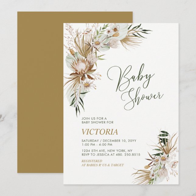 Green & Gold Boho Botanical Baby Shower Invitation (Front/Back)
