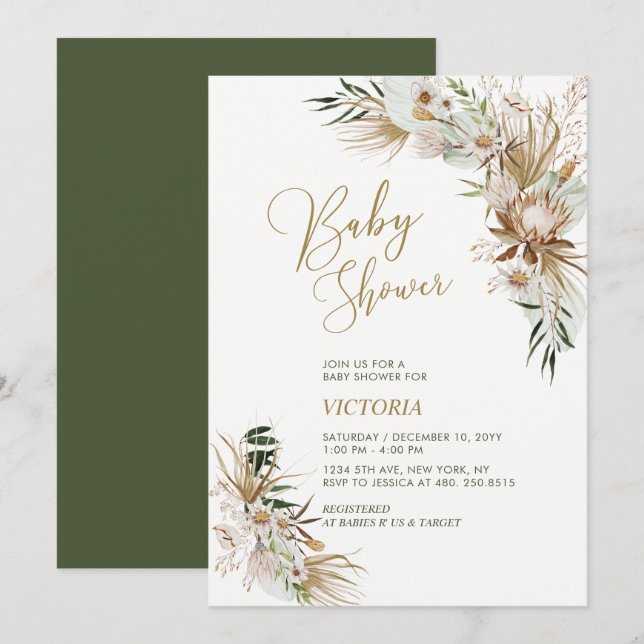 Green & Gold Boho Botanical Baby Shower Invitation (Front/Back)