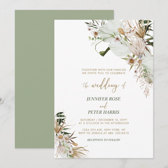 Green & Gold Boho Botanical Fall Wedding  Invitati Invitation (Front/Back)