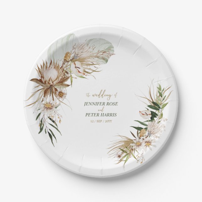 Green & Gold Boho Botanical Fall / Winter Wedding Paper Plate (Front)