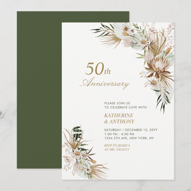 Green & Gold Boho Botanical Wedding Anniversary Invitation (Front/Back)