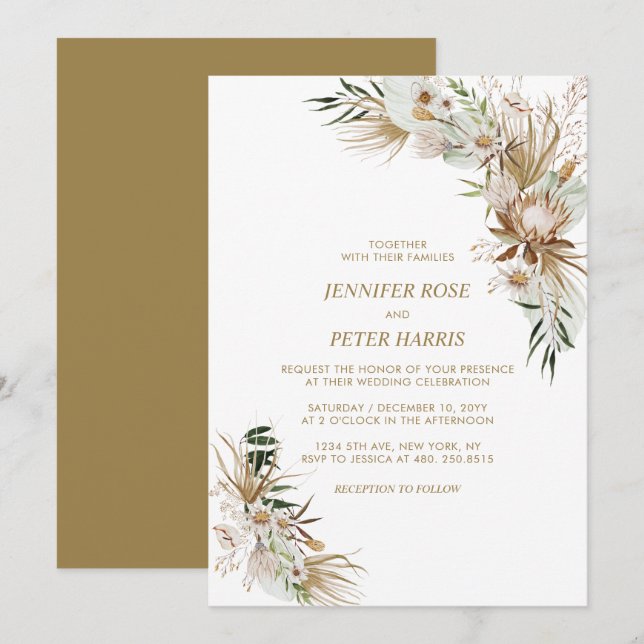 Green & Gold Boho Botanical Wedding Celebration Invitation (Front/Back)