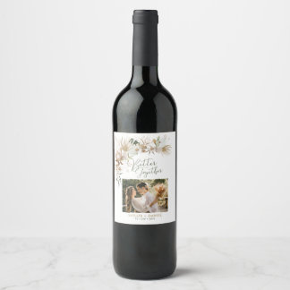 Green & Gold Boho Botanical Wedding Photo Wine Label