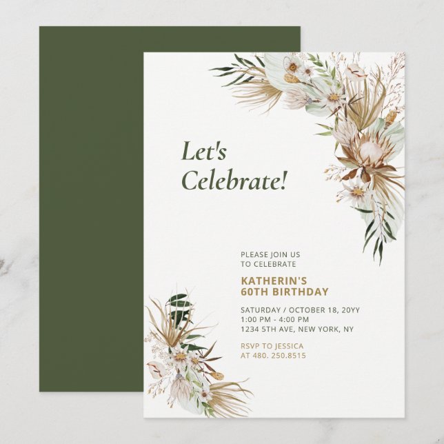 Green & Gold Boho Milestone Adult Birthday Party Invitation (Front/Back)