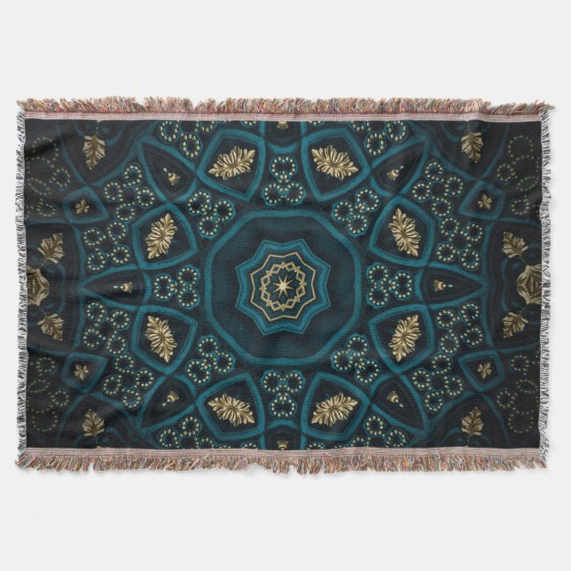 Green Gold Boho Rosette Mandala Throw Blanket (Front)