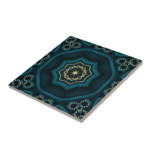 Green Gold Boho Rosette Mandala Tile
