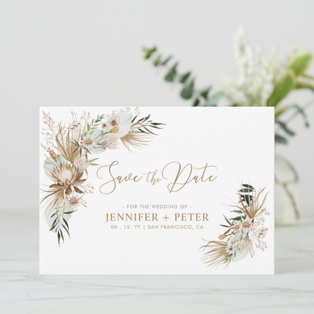 Green & Gold Boho Wedding Save The Date Card (Standing Front)