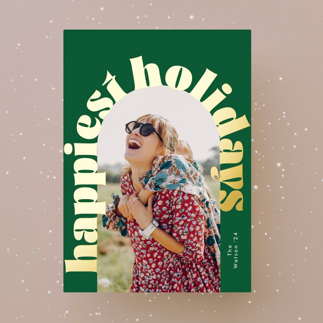 green & gold bold typography oval photo christmas foil holiday card (Creator Uploaded)