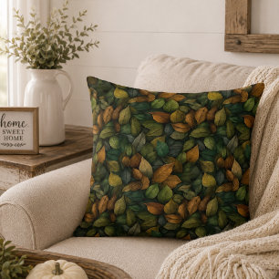 Green Gold Botanical Earth Tones Fall Leaves Cushion