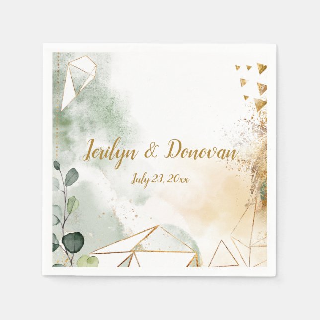 Green Gold Botanical Geometric Wedding Napkins (Front)