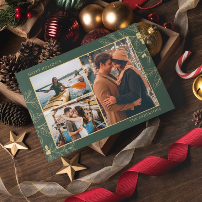 Green Gold Botanical Three Photo Christmas Holiday (Creator Uploaded)
